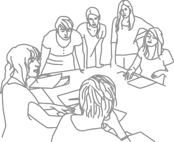 Zeichnung von einer Gruppe Frauen, die sich um einen Tisch versammelt haben